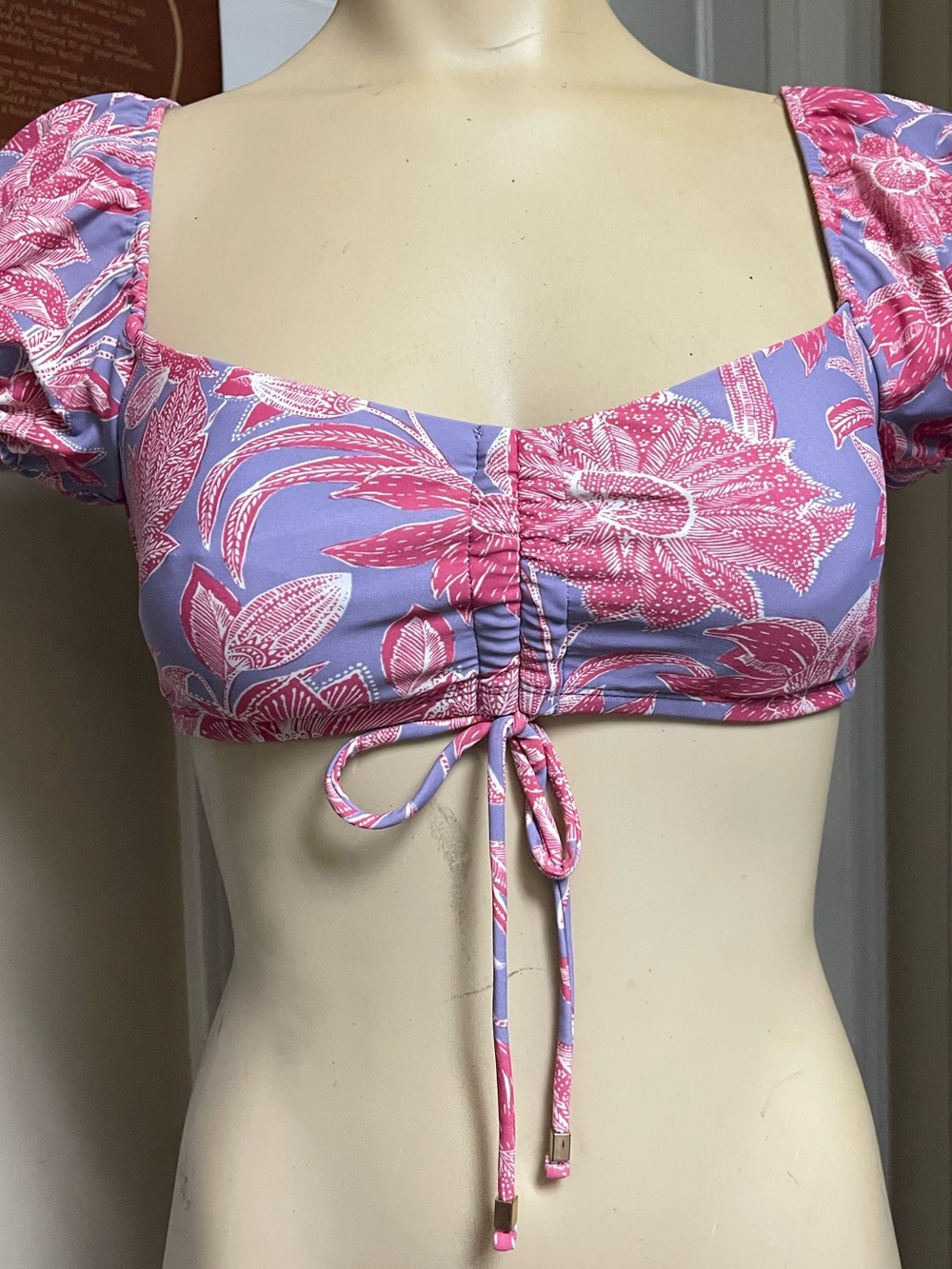 Time and Tru Pink Floral Ruched Tie-Front Crop Top on Lavender